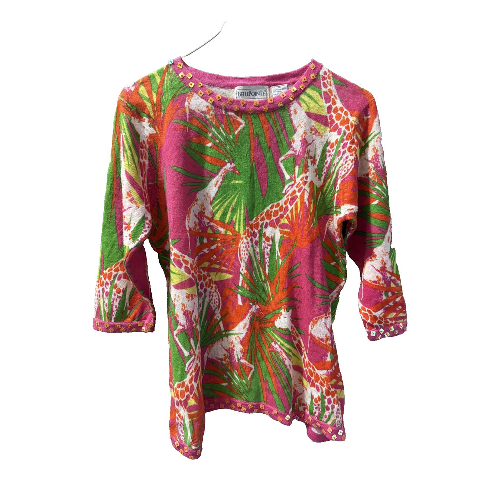 Giraffe Print Women's M Lightweight sweater Pink/Green Sequin detail Preppy
